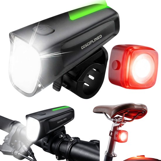 Disciplined SE Fietslampjes LED - Fietslamp Set Voorlicht & Achterlicht met Remlichtfunctie - Fietsverlichting Oplaadbaar - IPX5 Waterdicht - StVZO Goedgekeurd