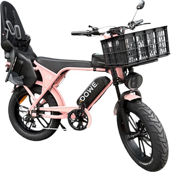Dowe Elektrische Fatbike met Kinderzitje + Krat – Dowe Roze family fatbike - 250W - 25 km/h - Elektrische fiets met kinderzitje van Merkloos