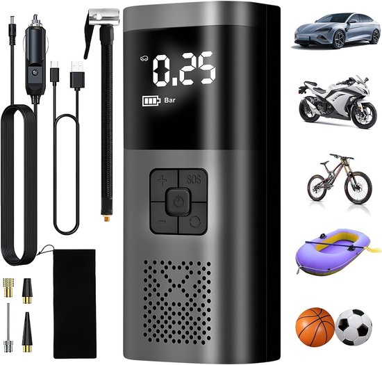 Draadloze Autobandenpomp Met 6000 mAh Batterij - 3 Stuks 150 PSI Draagbare Luchtcompressor Met LCD Scherm En LED Licht - Ideaal Voor Auto, Fiets, Motor En Scooter - Snelle Bandenopblazer