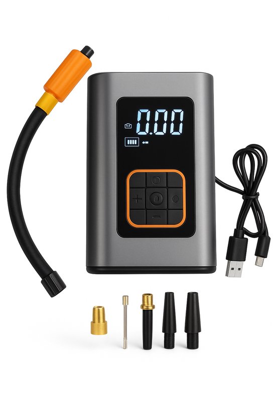 Draadloze Bandenpomp – Aluminium – Digitale Luchtdrukmeter – Incl. Opzetstukken & USB-kabel
