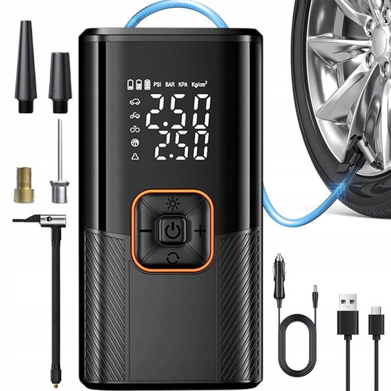 Draadloze Bandenpomp - Compressor - Luchtcompressor - 3000mAh Draadloos & Oplaadbaar - 10.3bar - Digitaal Display & Auto-stop - 4 Mondstukken Universeel - Compact & Incl. Tas - Voor Auto, Fiets & Bal