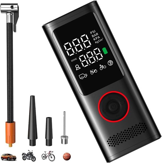 Draadloze digitale bandenpomp, autobandencompressor met LED-verlichting, manometer, hamerfunctie, zeer efficiënte luchtpomp