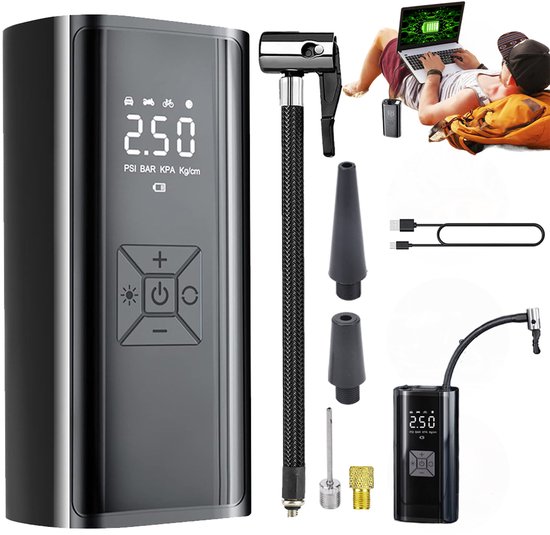 Draadloze Luchtpomp - Elektrische Bandenpomp - Luchtcompressor - Autopomp - 150PSI - Automatische stop na ingestelde bandenspanning - Zwart - 6000mAh - 4 Modi & LED-noodverlichting