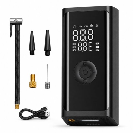 Draadloze Mini Bandenpomp - 150 PSI - USB-C - Powerbank - Zwart