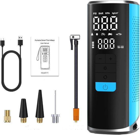 Draagbare 12V Oplaadbare Bandenpomp- 6000mAh- Digitale Luchtcompressor met Automatische Uitschakeling- LED-SOS-lampje en Powerbank voor Auto's, Motoren, Fietsen en Ballen- Blauw