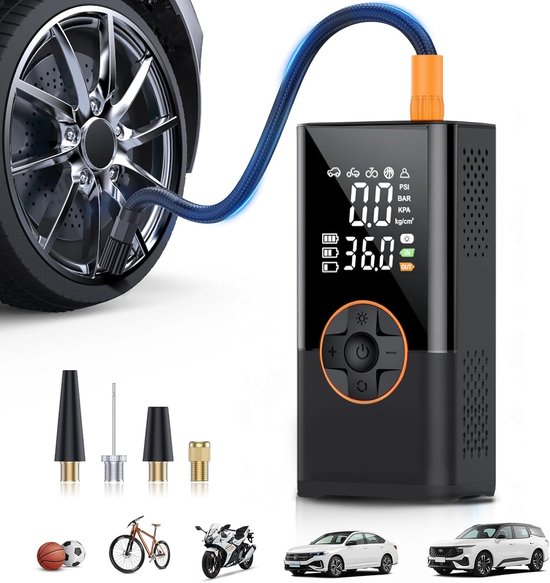 Draagbare bandenpomp 150 PSI – digitale drukmeter, 3x sneller, voor auto en fiets, zwart,Mini luchtcompressor voor motor, fiets en ballen – oplaadbaar en krachtig – ideaal voor onderweg