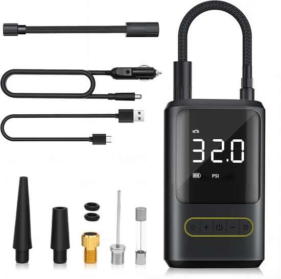 Draagbare bandenpomp, 150 PSI luchtcompressor voor auto's, fietsen, motoren en sportballen – snel oppompen, digitale manometer, LED-display, 6000 mAh oplaadbare batterij, USB-opladen en autostroomaansluiting.