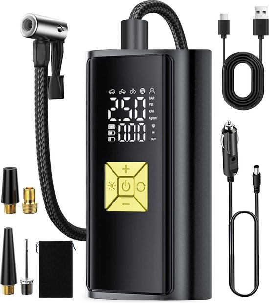 Draagbare bandenpomp - 150 PSI luchtpomp - 3x snelle draadloze automatische bandenpomp - Slimme elektrische pomp met LED-verlichting en digitaal display voor auto, motor en fiets