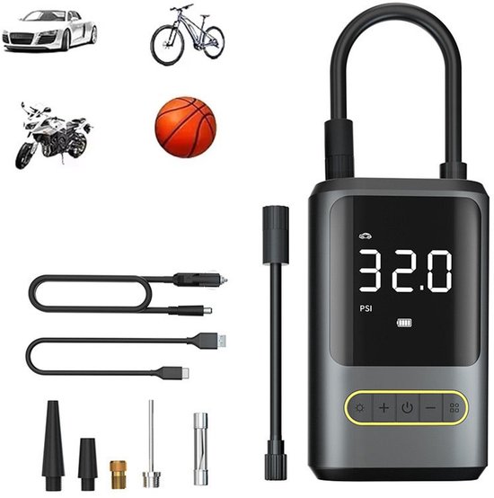 Draagbare bandenpomp 150 PSI - Tot wel 10.3 bar– digitale drukmeter, 3x sneller zwart,Mini luchtcompressor voor motor, fiets en ballen – oplaadbaar en krachtig - USB oplaadbaar – ideaal voor onderweg