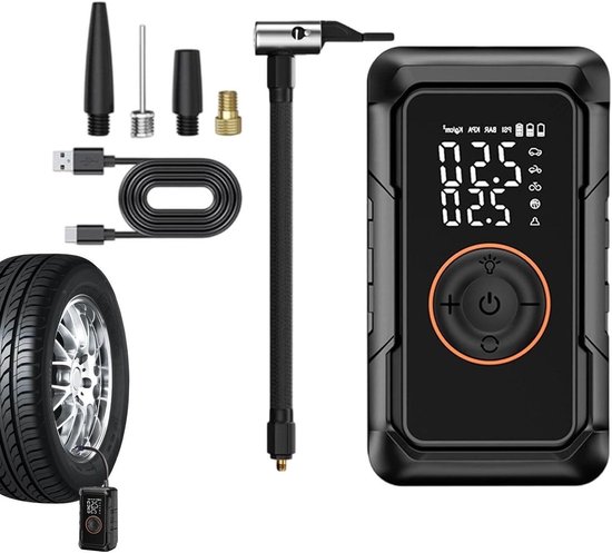 Draagbare Bandenpomp - Fietspomp Auto - Banden Oppompen - Automatische Uitschakeling - 3000 mAh - Zwart