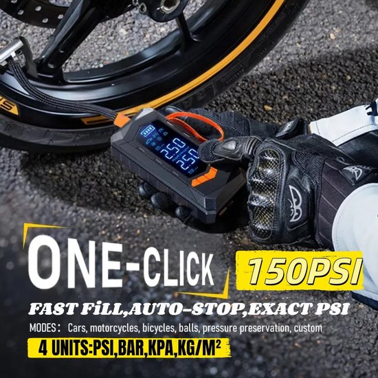 Draagbare bandenpomp met dubbel display, slimme luchtcompressor van 150 PSI voor auto's/motorfietsen/fietsen/ballen, 6000 mAh accu, LED-lampje, snelladen, 12V sigarettenaanstekeradapter