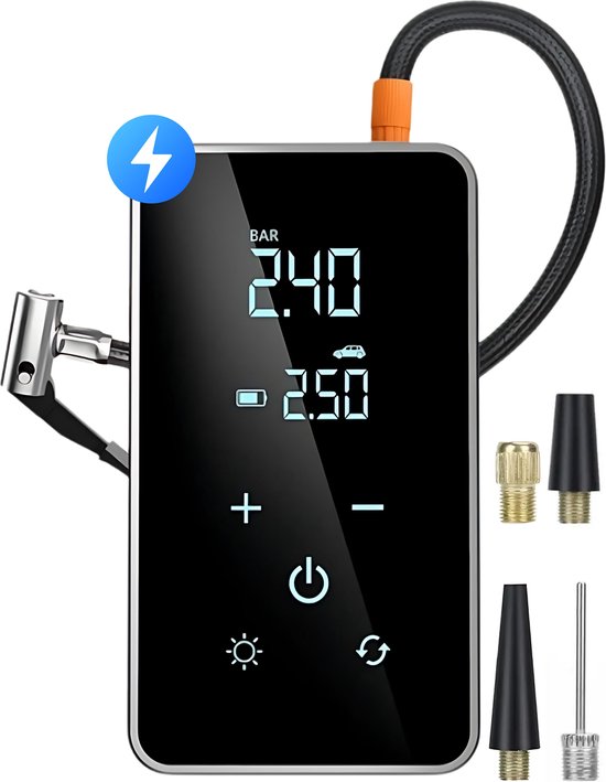 Draagbare Compressor Bandenpomp - Luchtcompressor - Fiets Tot Auto - Elektrische Fietspomp - Zaklamp en Powerbank Functie - Oplaadbaar USB-C Model - Fiets/Auto/Motor/Bal/Luchtbed - Met 4 Opzet Stukken