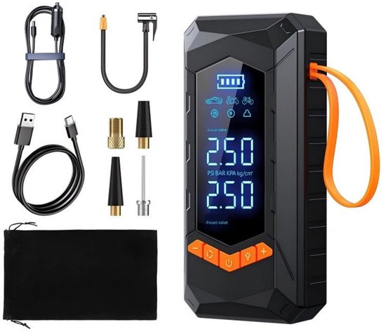 Draagbare Elektrische Fietspomp – 150 PSI Compressor met LCD Display – Oplaadbare Bandenpomp met USB-C – Geschikt voor Auto, Fiets, Motor & Ballen – Inclusief Ventieladapters en Opbergzak van Merkloos