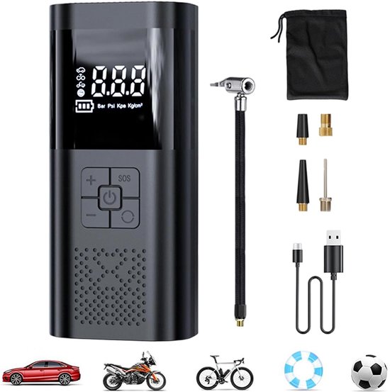 Draagbare elektrische fietspomp, draadloze bandenpomp met digitaal display, 150 PSI luchtpomp met manometer, voor auto, motor, fiets en bal, onmisbaar auto-accessoire voor mannen, Zwart