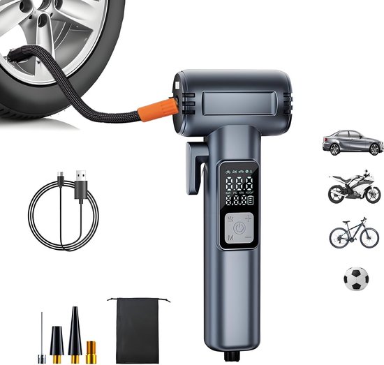 Draagbare Elektrische Luchtcompressor 4000 mAh – Draadloze Mini Bandenpomp met LED-Display, Noodhamer & Veiligheidsgordelsnijder – Voor Auto, Fiets, Motor en Ballen