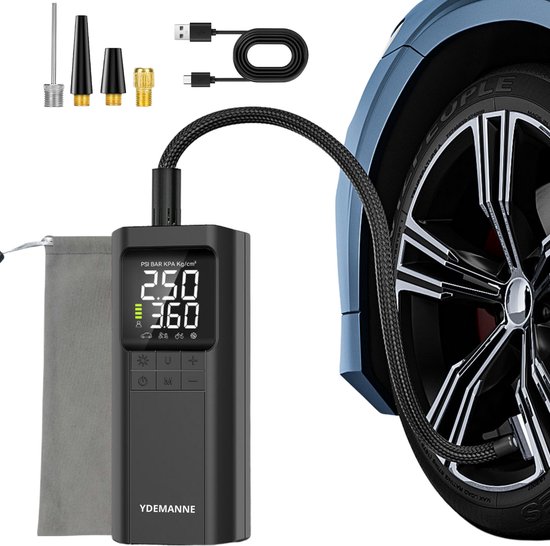 Draagbare Elektrische Luchtcompressor Bandenpomp - 12.000 mAh - Powerbank - Tot 10.3 Bar - Voor Auto / Motor / Fiets / Ballen