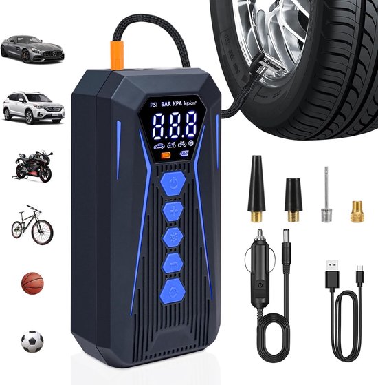 Draagbare Elektrische Luchtpomp 12V, Oplaadbare Accu Compressor 150 PSI, Elektrische Fietspomp met Digitale Drukmeter en LED-Licht, Mini Luchtcompressor voor Auto, Fiets en Motorfiets