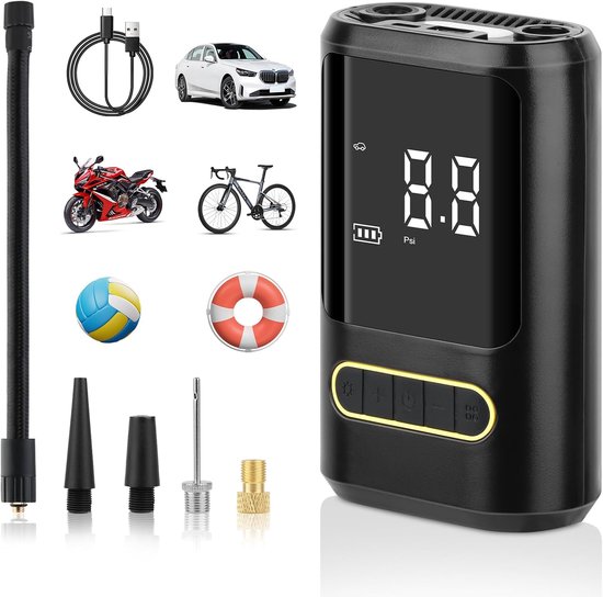 Draagbare Elektrische Luchtpomp 150 PSI, 4000 mAh Oplaadbare Accu Fietspomp, Compatibel met Alle Ventielen, Ingebouwde LED Verlichting, Mini Luchtcompressor voor Fiets, E-bike, Auto, Motor en Sportballen