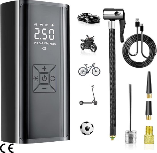 Draagbare Elektrische Luchtpomp met 6000 mAh Accu - 150 PSI Elektrische Compressor met Digitaal LCD-Display/LED-Licht - Mini-Bandenpomp voor Auto, Motorfiets, Fiets, Ballen en Zwembanden