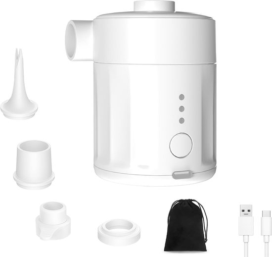 Draagbare elektrische luchtpomp voor opblaasbare spullen, oplaadbare accu-luchtpomp voor luchtbed, 2-in-1, draagbare mini-vacuümpomp met 4 luchtsproeiers en opbergtas voor luchtmatras, zwembad - wit