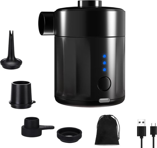 Draagbare elektrische luchtpomp voor opblaasbare spullen, oplaadbare accu-luchtpomp voor luchtbed, 2-in-1, draagbare mini-vacuümpomp met 4 luchtsproeiers en opbergtas voor luchtmatras, zwembad