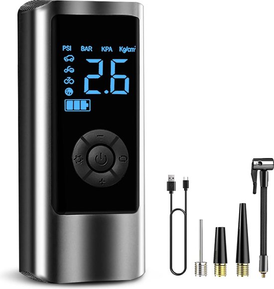 Draagbare elektronische luchtpomp 150 psi fietspomp elektrisch 6000 mAh - draagbare fietspomp voor alle ventielen met digitaal lcd-ledlicht - mini-compressor voor auto motorfiets fiets ballen