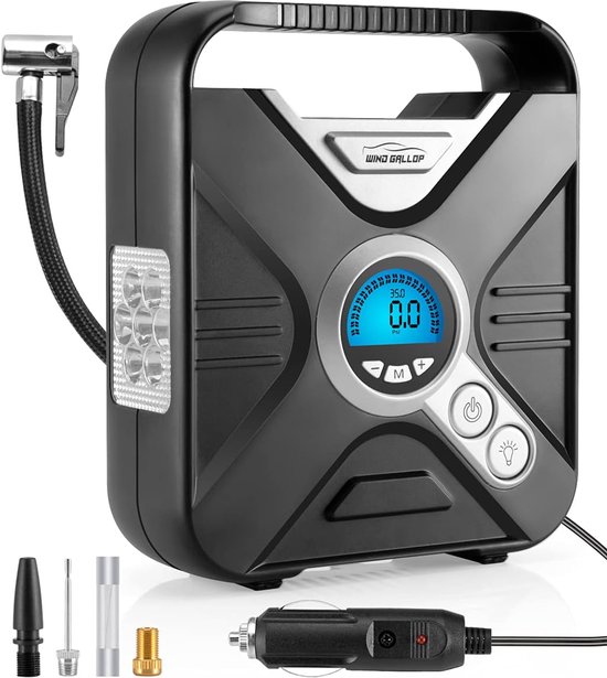 Draagbare luchtcompressor 12V - Elektrische autobandenpomp - Digitale bandenspanningsmeter - Auto fietspomp met LED-licht - Automatische uitschakeling - Ventieladapterset - Voor auto, fiets en motor