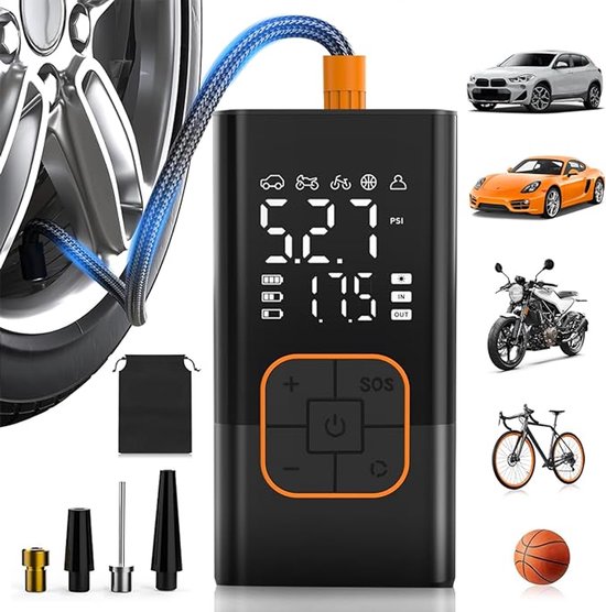 Draagbare Luchtcompressor 150 PSI – Elektrische Fietspomp met Dubbel LCD Display – 4000 mAh Accu – Met LED Zaklamp & Powerbankfunctie – Voor Auto, Motor, Fiets en Bal