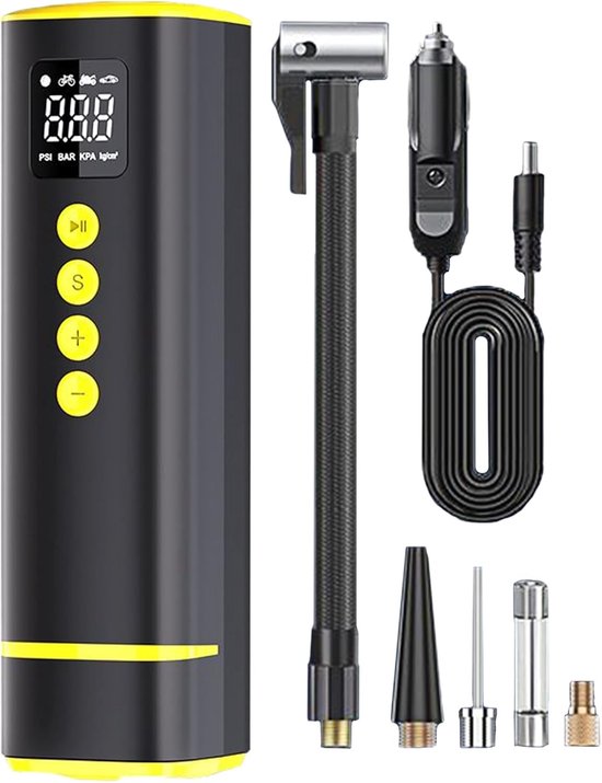 Draagbare luchtcompressor, draagbare bandenpomp, lichtgewicht constructie, digitaal display, draadloze drukmeter, snel oppompen van motor-, vrachtwagen-, fiets-, autobanden en ballen, 17 x 5,1 x 4,9 cm