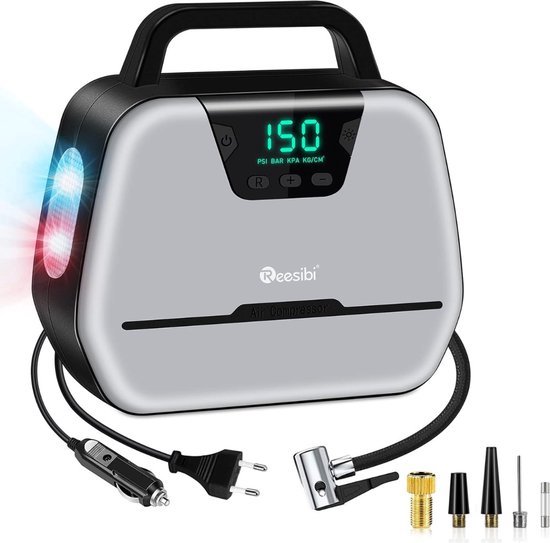 Draagbare Luchtcompressor – Elektrische Bandenpomp – Fietspomp – Mini Compressor – Lichtgewicht – LED Display – Grijs