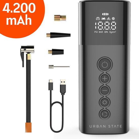 Draagbare luchtcompressor - elektrische fietspomp - bandenpomp voor auto, motor, fiets, bal, luchtbed - Krachtig: 6.000 mAh van Merkloos