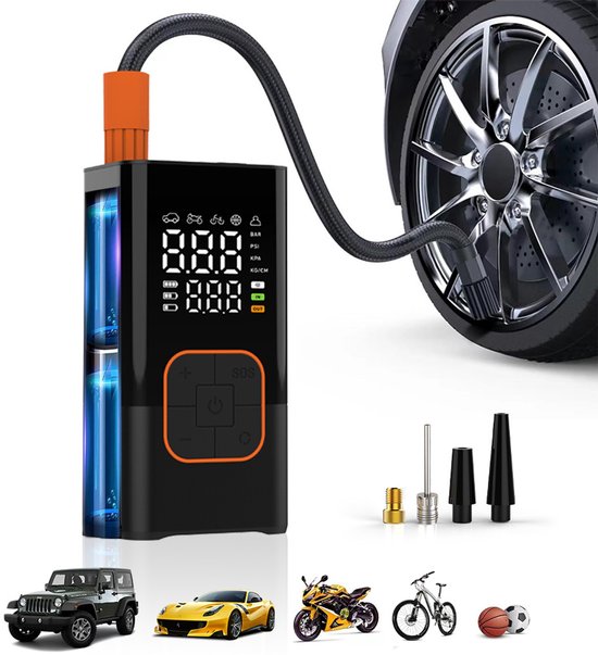 Draagbare Luchtcompressor - Elektrische luchtpomp met dubbel digitaal LCD-display, 150 PSI draagbare minicompressor met manometer, elektrische fietspomp met LED-lampje voor Auto, Motor, Fiets, Bal