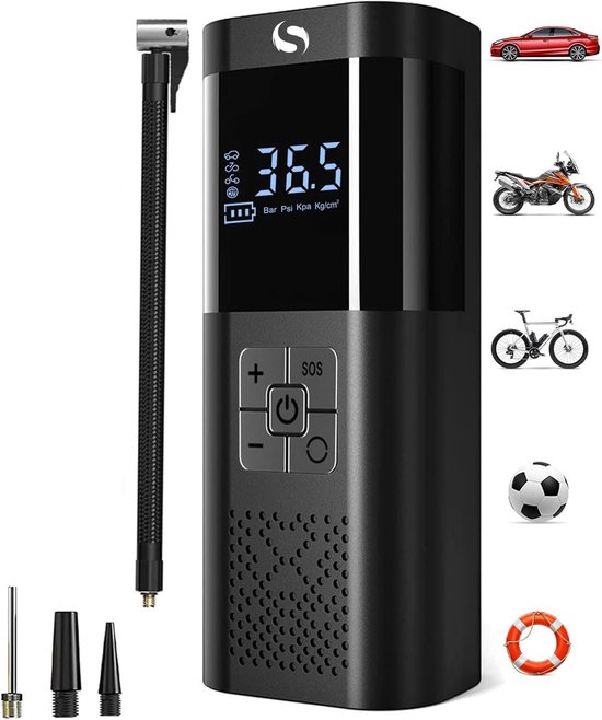 Draagbare luchtcompressor met, draadloze luchtpomp voor autobanden met digitale drukmeter, automatische uitschakeling, USB-C-aansluiting en LED-verlichting. Geschikt voor auto's, motoren, fietsen, ballen en meer.