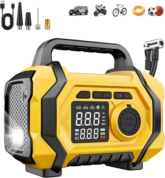 Draagbare luchtcompressor, snelle 6x 150 psi bandenpomp voor autobanden, draadloze pomp voor auto's, motoren en fietsen, drukmeter, automatische uitschakeling, 12V, LED-display en verlichting.