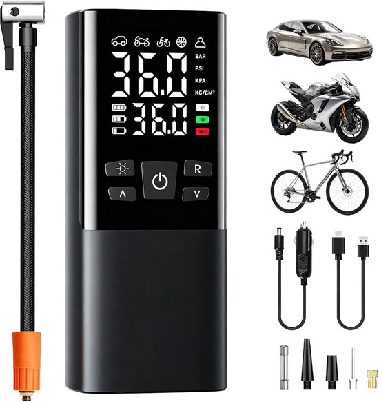 Draagbare luchtcompressor voor banden, 150 psi, met accu van 6000 mAh en 12 V DC, digitaal led-display en automatische stop, elektrische pomp voor auto, motorfiets, fiets, ballen