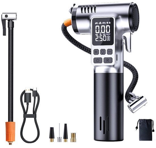 Draagbare luchtcompressor voor banden, 150 PSI pomp met digitale drukmeter en automatische uitschakeling voor auto-/motor-/fietsbanden en ballonnen, met LED-verlichting, veiligheidshamer en veiligheidsgordelsnijder.