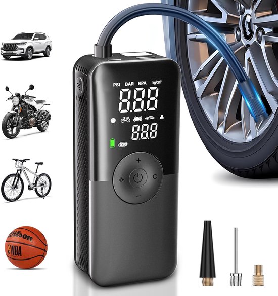 Draagbare luchtcompressor voor bandenpompen, met dubbel digitaal scherm, 150 PSI draagbare luchtpomp geschikt voor auto's, motoren en fietsen.