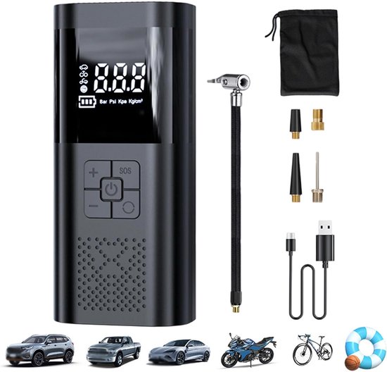 Draagbare luchtpomp, elektrische fietspomp, luchtcompressor voor autobanden, met digitale drukmeter, LED-verlichting en automatische uitschakelfunctie, draadloze luchtpomp voor auto, motor, fiets en ballen