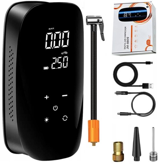 Draagbare luchtpomp - met accu, zaklamp en powerbank - 120W vermogen - digitaal touchscreen - inclusief Type-C oplaadkabel + 4 mondstukken + luchtbus + sigarettenaanstekerkabel - geschikt voor fietsen, banden, auto's, motoren en luchtmatrassen.