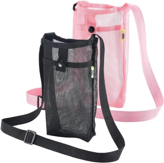 Draagbare waterfles houder met verstelbare riem - Waterfles draagtas voor wandelen gym camping - Lichtgewicht mesh design - Gemakkelijk schoon te maken - Verstelbare schouderriem - Roze - 7,9 x 4,7 inch - Set van 2 stuks