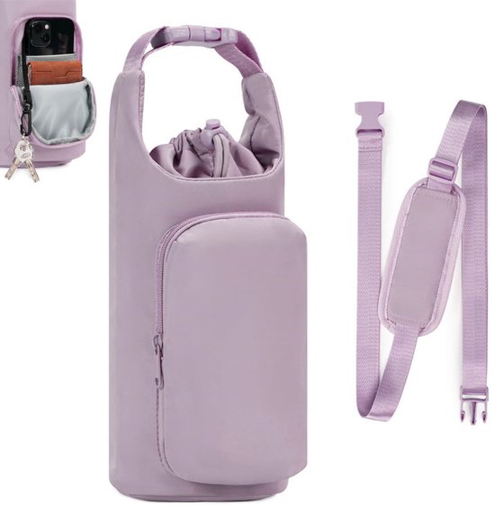 Draagtas voor waterfles - Waterfles Draagtas - Drinkfles Houder - Waterfles Mouw met Verstelbare Schouderriem - Draagtas met telefoonvak - Draagbare Waterfles Houder Tas - Bottle Bag - Waterfles Draagtas voor Wandelen Camping - 30*12*10cm - Paars