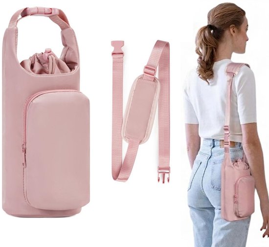 Draagtas voor waterfles - Waterfles Draagtas - Drinkfles Houder - Waterfles Mouw met Verstelbare Schouderriem - Draagtas met telefoonvak - Draagbare Waterfles Houder Tas - Bottle Bag - Waterfles Draagtas voor Wandelen Camping - 30*12*10cm - Roze