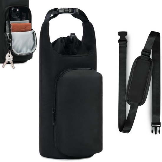 Draagtas voor waterfles - Waterfles Draagtas - Drinkfles Houder - Waterfles Mouw met Verstelbare Schouderriem - Draagtas met telefoonvak - Draagbare Waterfles Houder Tas - Bottle Bag - Waterfles Draagtas voor Wandelen Camping - 30*12*10cm - Zwart