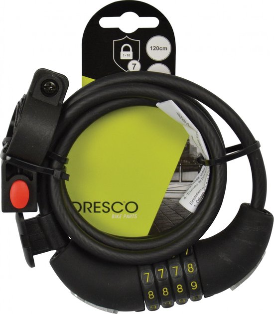 Dresco Kabelslot 120/8 Code - Spiraal/cijferslot - 120cm - Rond 8mm - Met steun - Zwart van Dresco