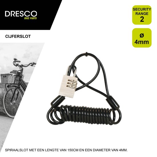 Dresco Spiraalslot/Kabelslot 150cm ø4mm cijferslot - Zwart van Dresco