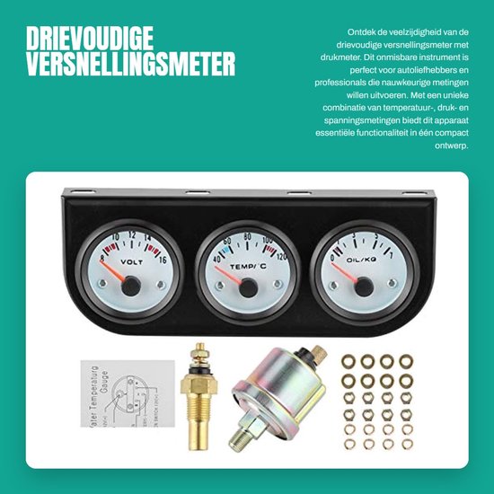 Drievoudige versnellingsmeter - Temperatuurmeter - Universele drukmeter - 52 m - Spanning en compressie - Handig voor voertuigen - Geschi..