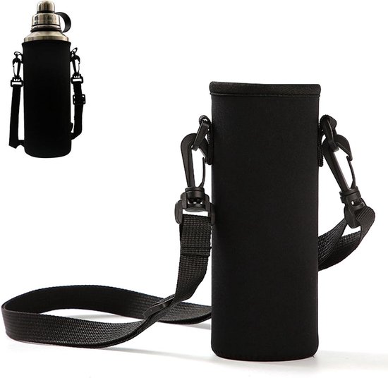 Drinkflessentas - waterfles tas - verstelbare schouderriem - neopreen - thermosfles - 1500 ml - koeltas - flessenhouder - op te hangen - hoes - geschikt voor 1.5 liter fles - zwart.