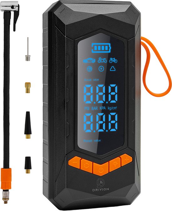 Drivion® MaxFlow 6000 Bandenpomp Auto - Draadloze Luchtcompressor 12V tot 10.3 Bar - Elektrische Compressor met Li-ion Accu, Powerbank & SOS - Incl. Opzetstukken