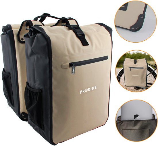 Dubbele Fietstas Proride Rolltop - 100% Waterdicht E-bike - 40 Liter - Fietstassen Electrische Fietsen - Geschikt voor MIK adapter - Bagagedrager - Beige van Merkloos