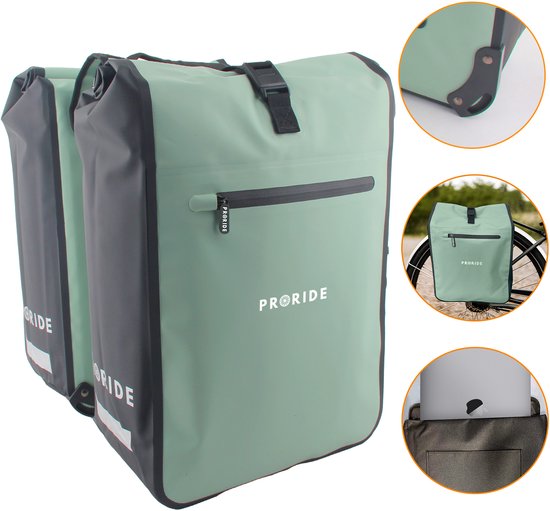 Dubbele Fietstas Proride Rolltop - 100% Waterdicht E-bike - 40 Liter - Fietstassen Electrische Fietsen - Geschikt voor MIK adapter - Bagagedrager - Groen van Merkloos
